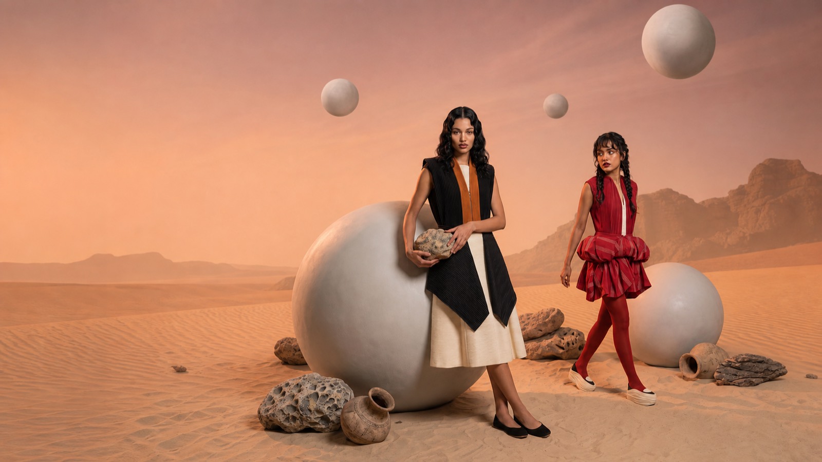 Two models in a directed desert campaign composition, shot for SPANDA.