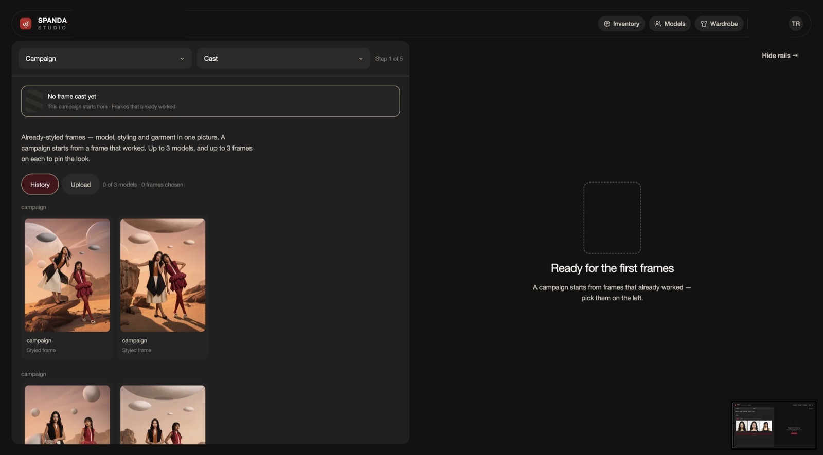 SPANDA Campaign screen for selecting styled frames.