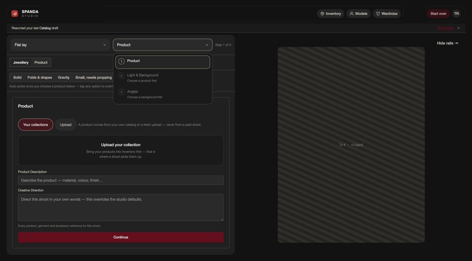 SPANDA Catalog screen for product and creative-direction choices.