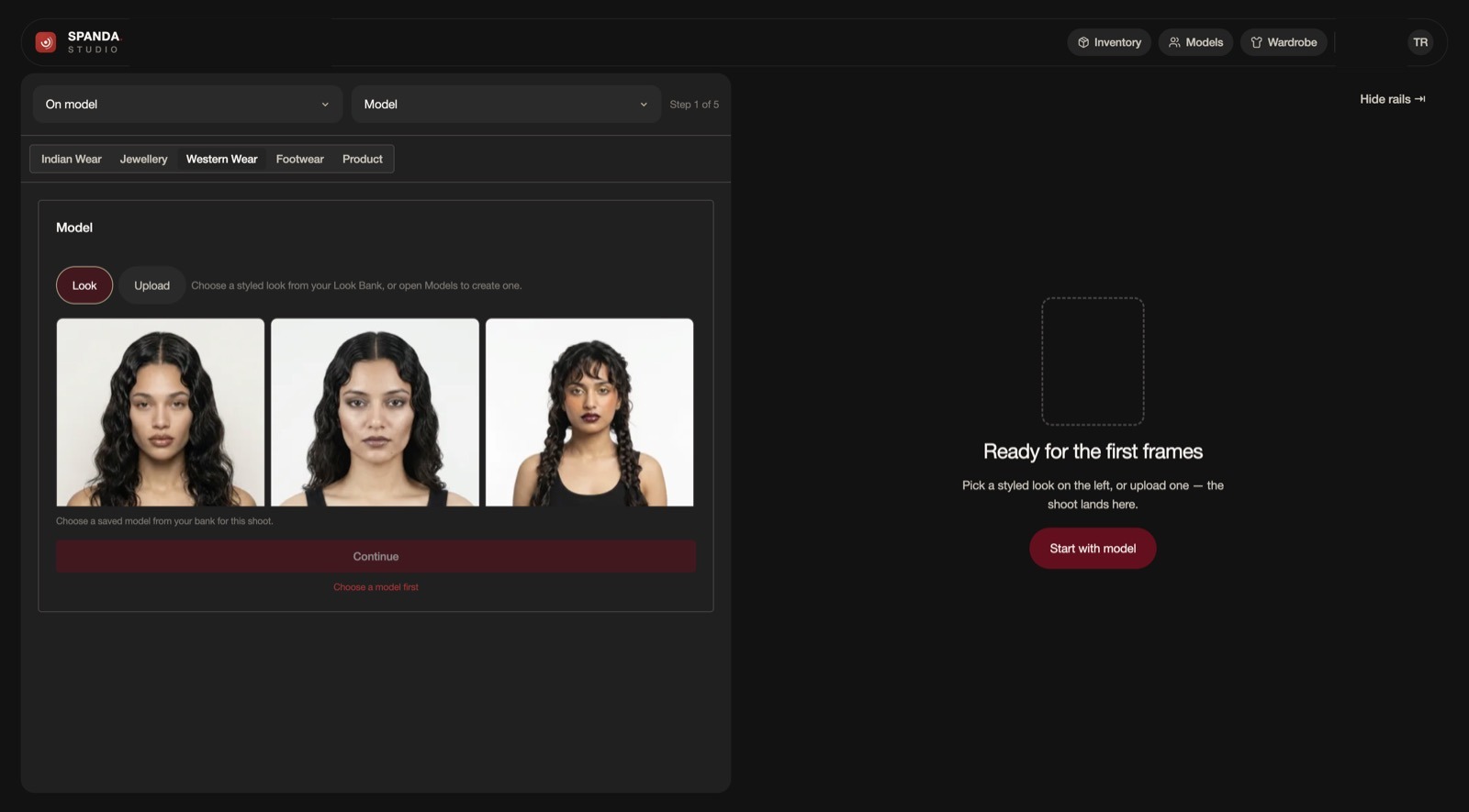 SPANDA Lookbook screen for model selection.