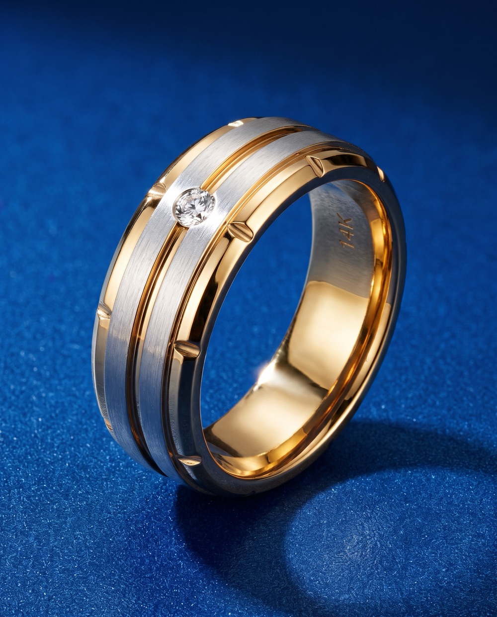 The whole ring standing on deep blue, the diamond, the grooves and the 14K stamp exactly as they are.