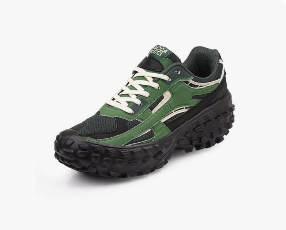 A green and black trail sneaker on a plain white listing background.