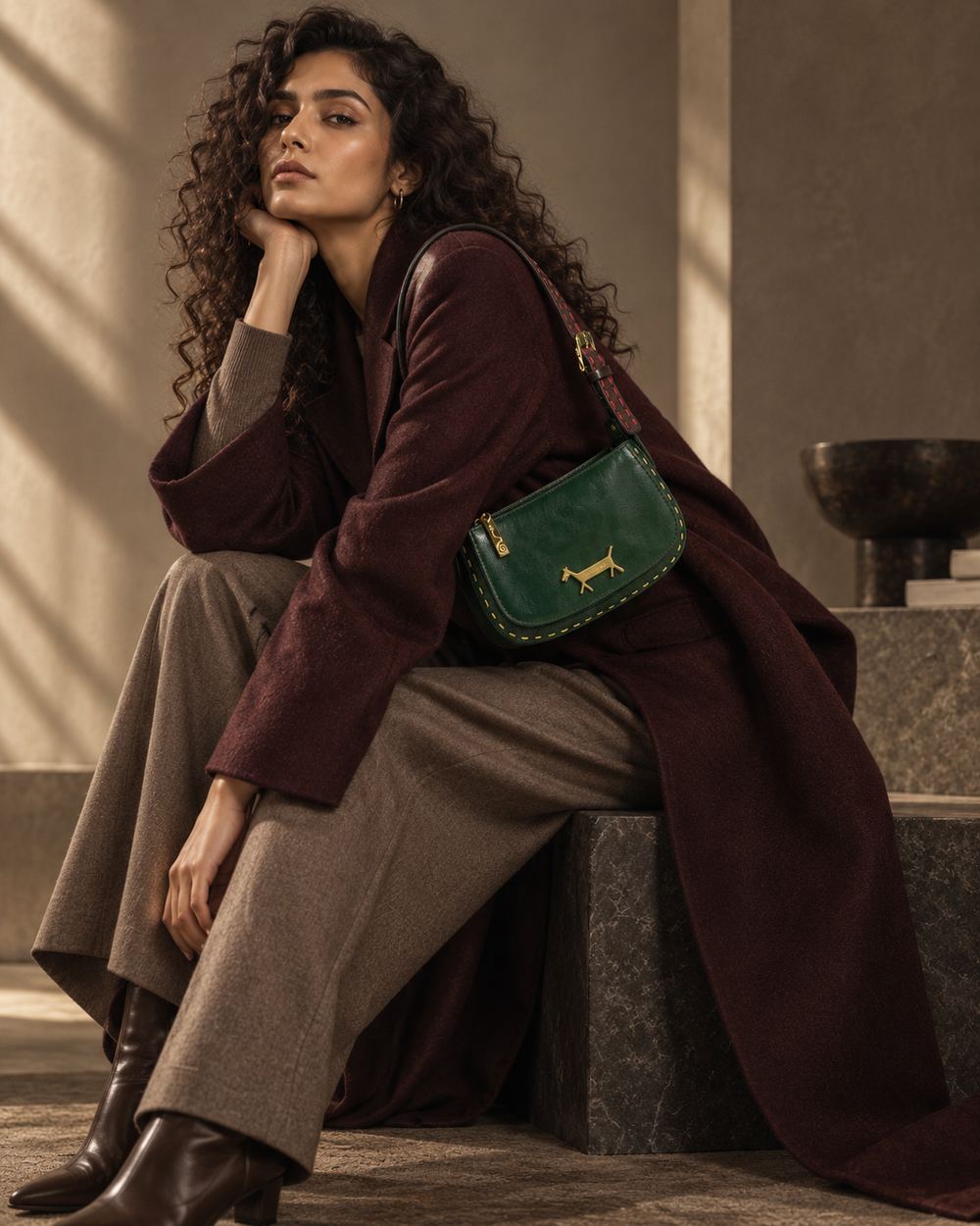 A model in a deep maroon coat seated on stone, a green leather shoulder bag resting against her side.