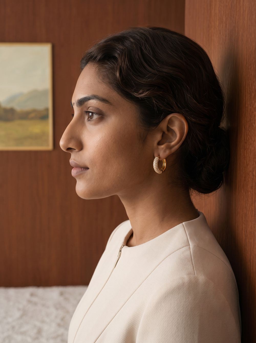 Profile portrait with a gold hoop earring above a cream dress.