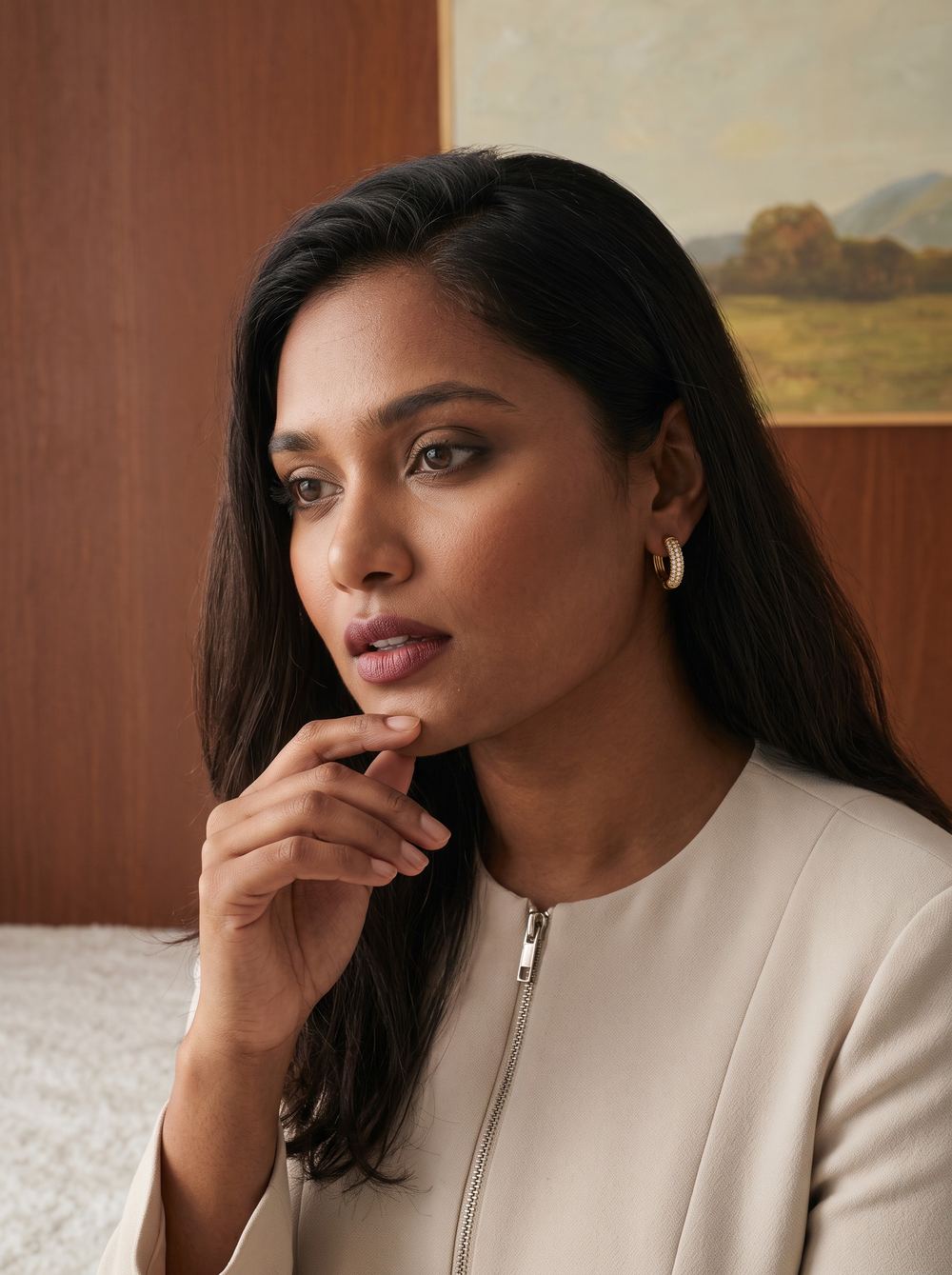 Portrait in a pale zip jacket with gold hoops, a framed painting behind.
