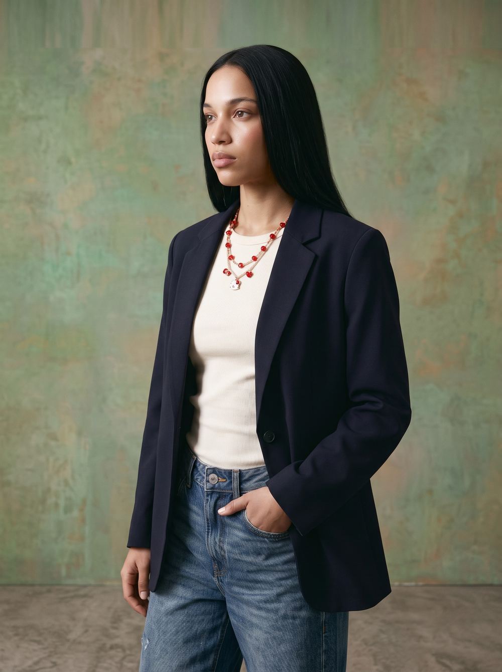 Navy blazer and jeans, hands in pockets, green painted backdrop.