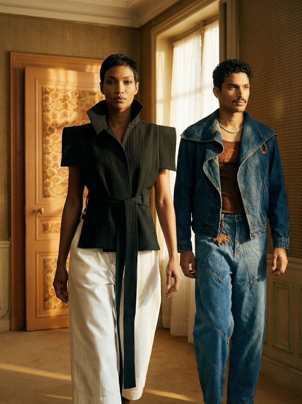 A pair walking through a carved doorway, black and denim.