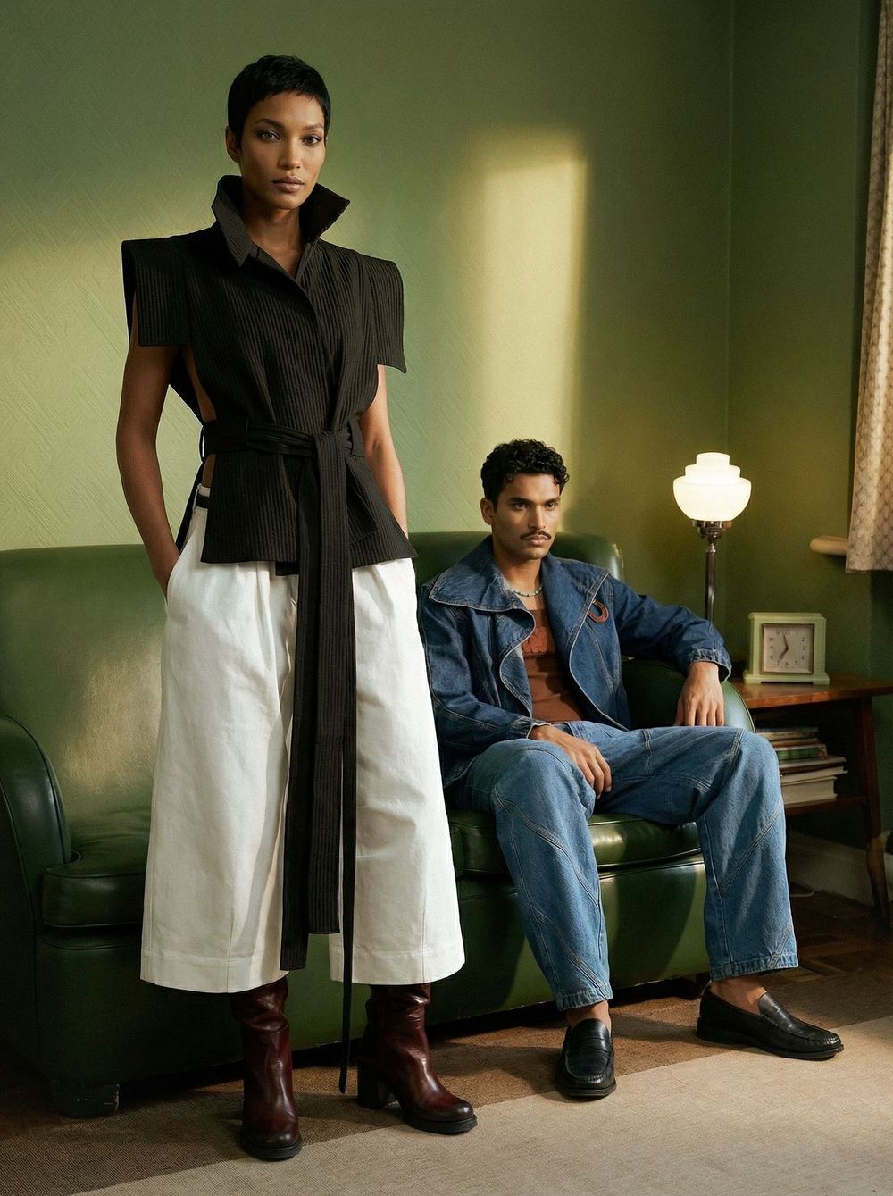 Green room, one standing in the black vest and white skirt, one seated in denim.