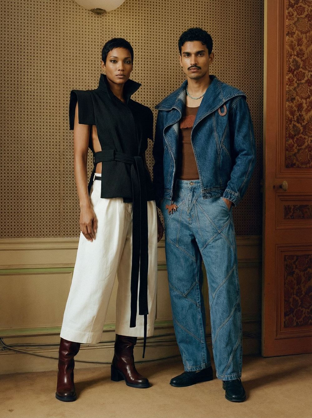 A pair in a patterned room, black vest and white skirt beside denim.
