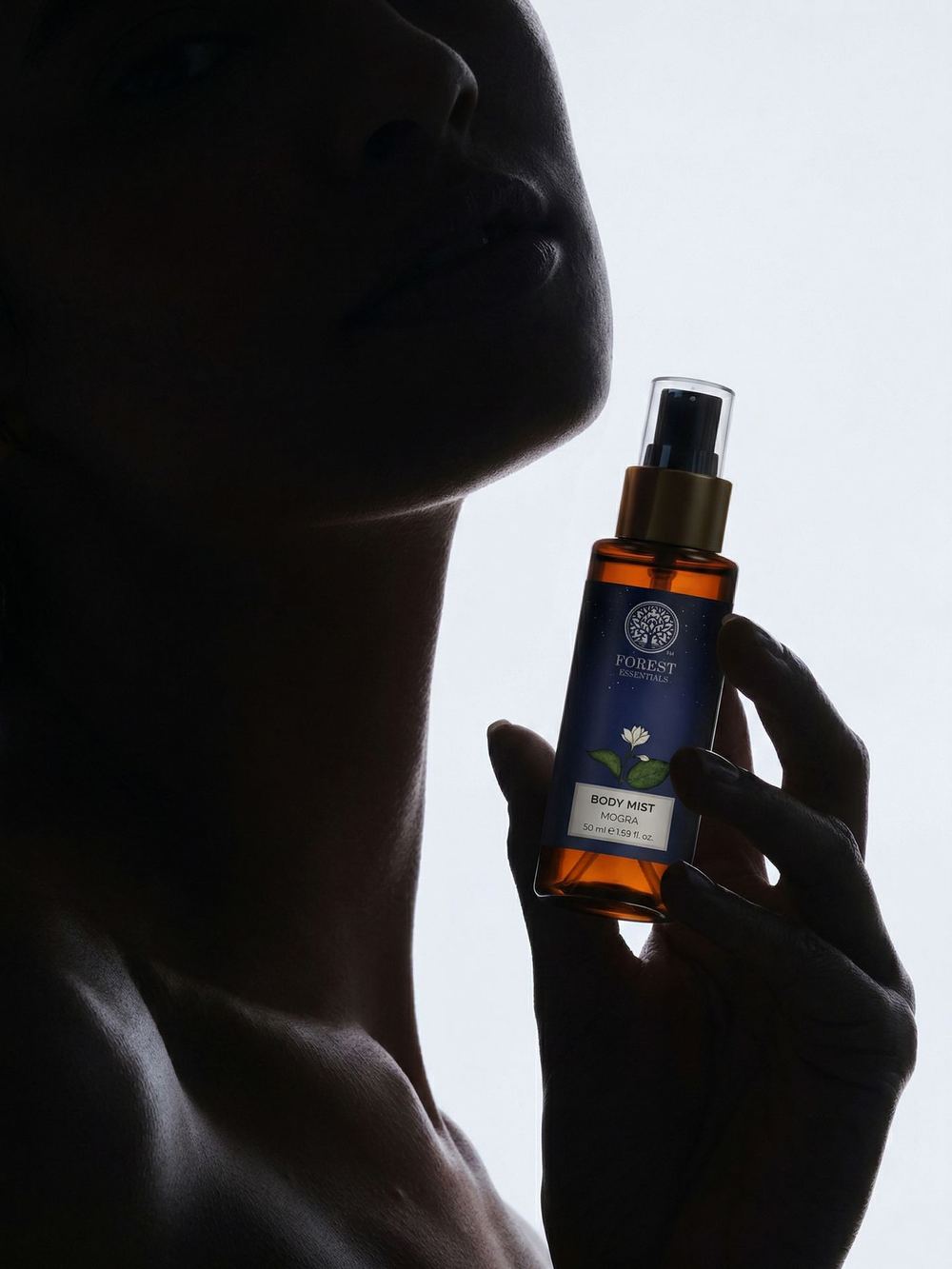 Silhouetted chin and hand holding a body-mist bottle.