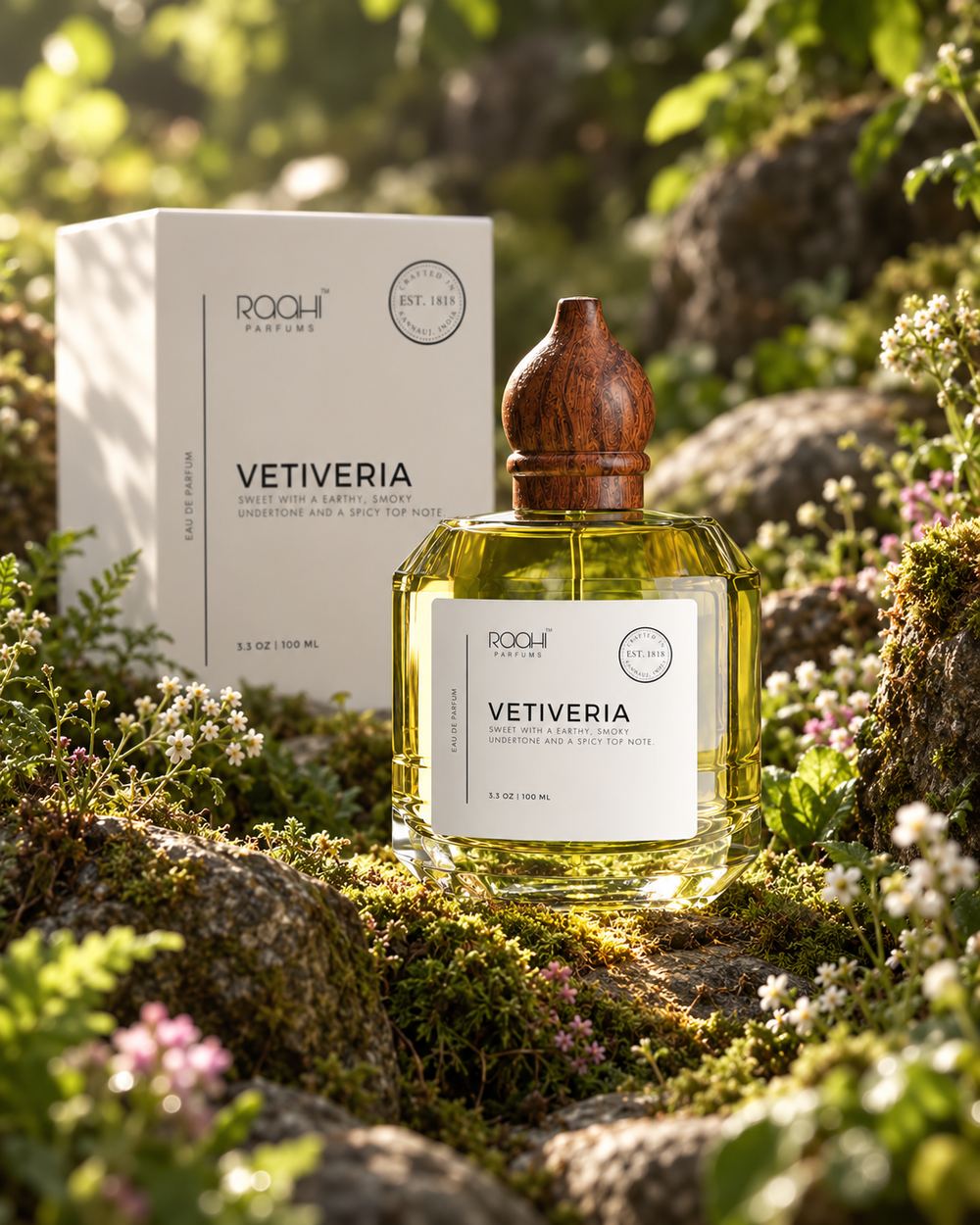 The same fragrance bottle beside its white carton on moss-covered stone, soft daylight filtering through the canopy.