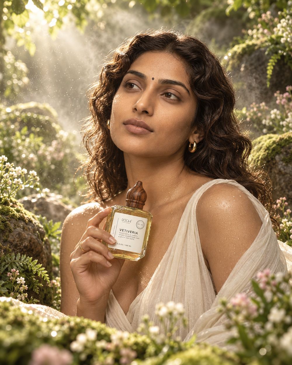 The same model turning towards the camera with the bottle raised, shafts of sunlight breaking through the trees behind her.