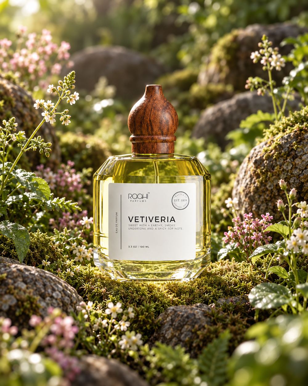 A vetiver eau de parfum bottle with a carved wooden cap standing among mossy rocks and small white wildflowers in dappled forest light.