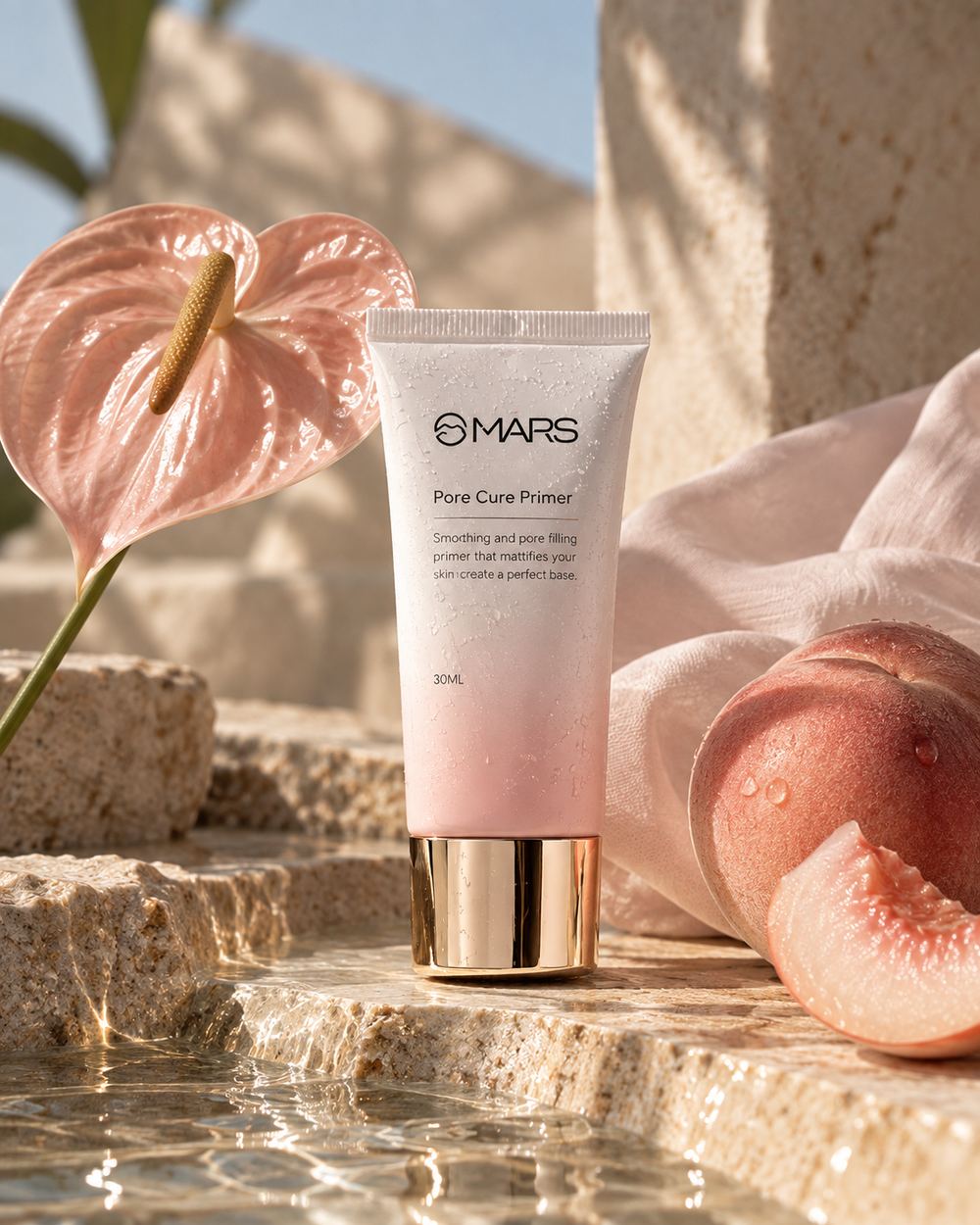 A pink Pore Cure Primer on a travertine step above still water, a pink anthurium on one side and a halved white peach on the other.