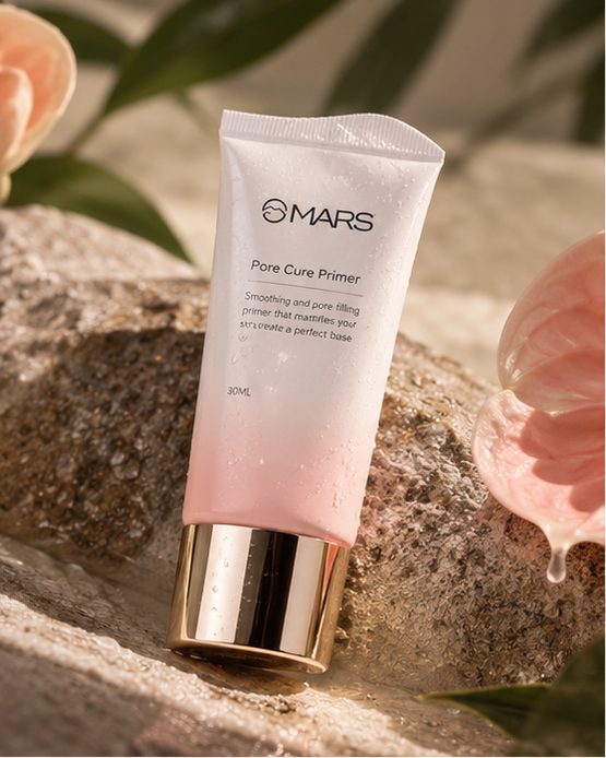 A pink MARS Pore Cure Primer standing on wet speckled stone, a pale anthurium bloom beside it and water running over the rock.