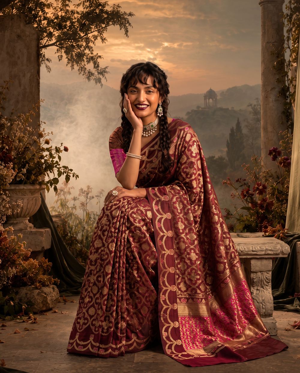 Seated on a stone bench in a maroon saree, sunset garden behind.