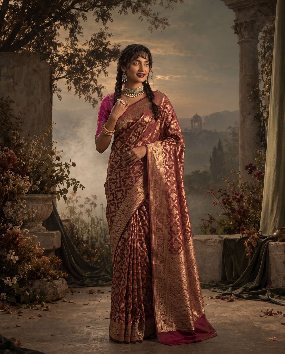 Maroon saree, one hand raised to the necklace, garden backdrop.