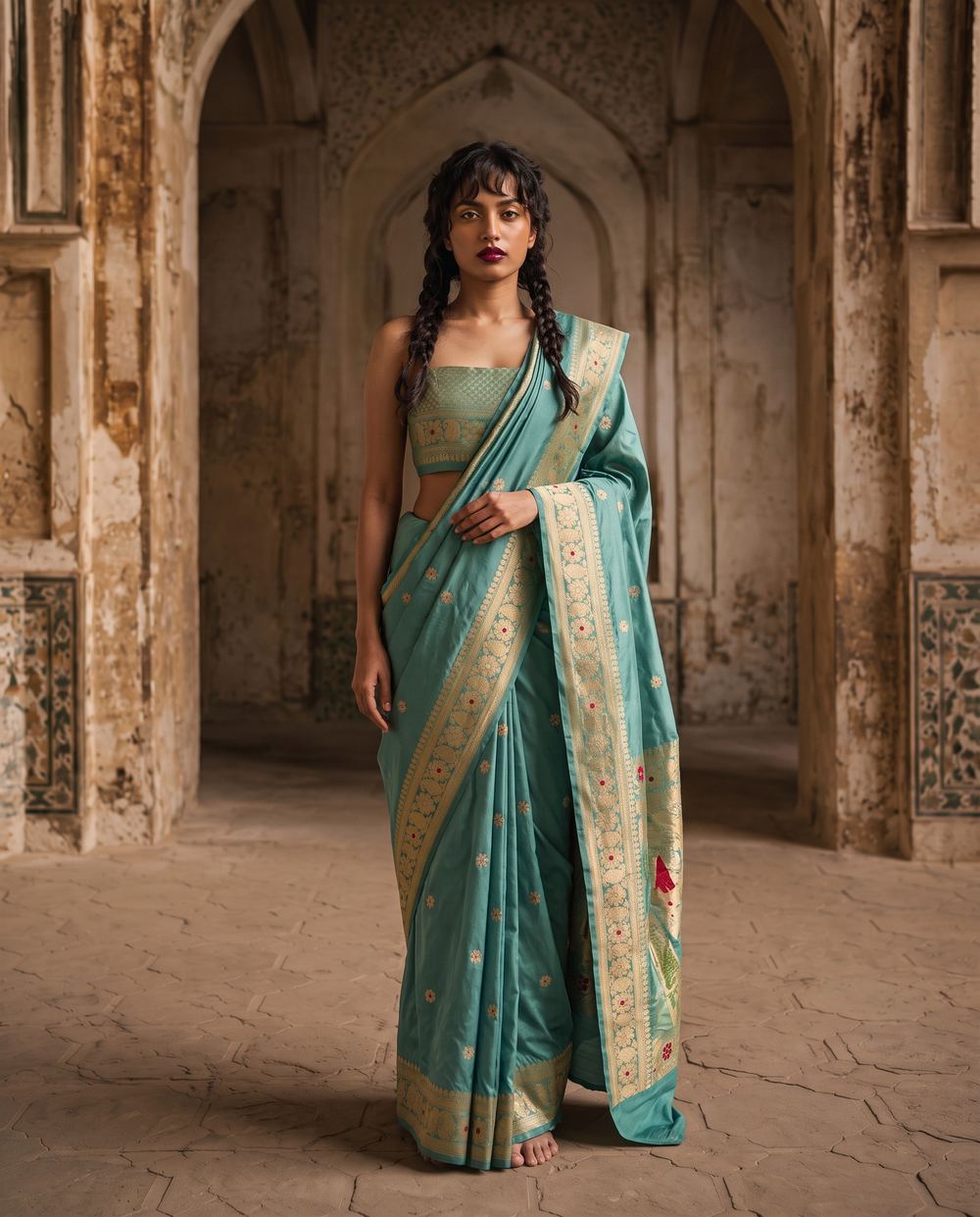 Teal saree walking through an arched corridor.