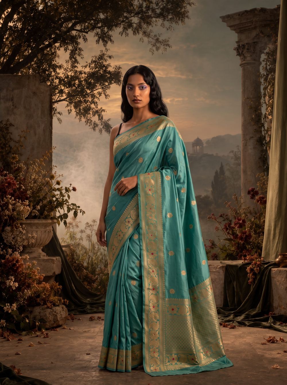 Teal Banarasi saree at full length in a painted garden.